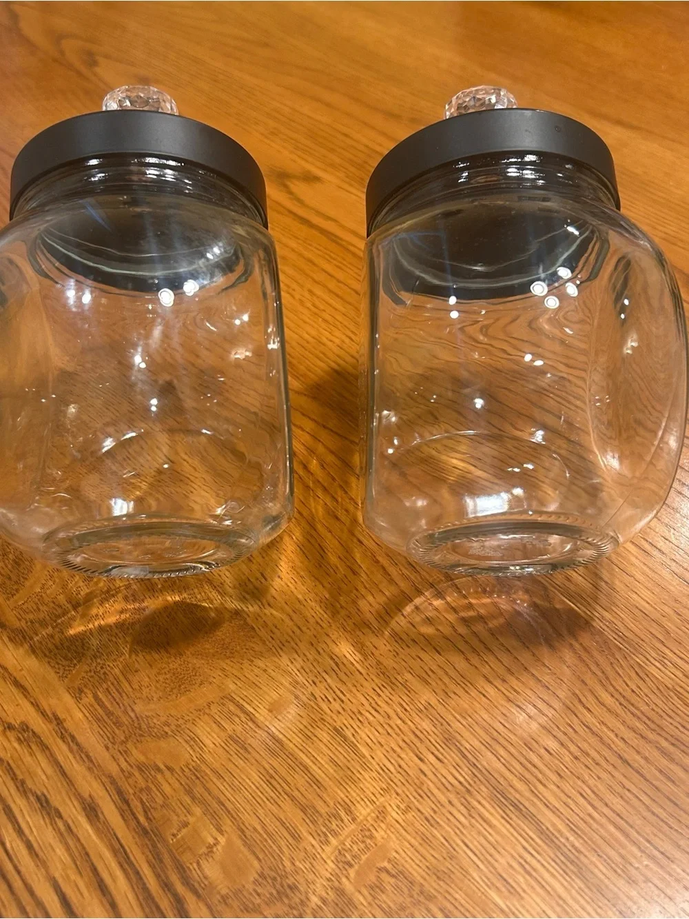 Clear Glass Storage Canister Set with Black metal Lids and Crystal Knobs